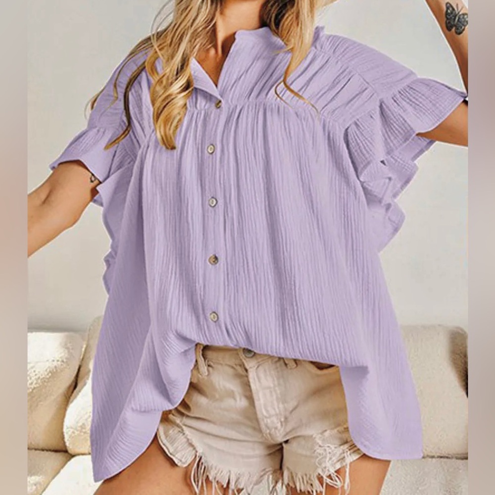 NWT BiBi Texture Wrinkle Gauze Top Button Up Ruffle Short Sleeve Shirt M